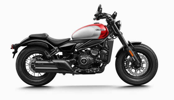 A sleek, modern motorcycle with a black chassis and a red and silver fuel tank, featuring black wheels and exhaust, isolated on a white background.