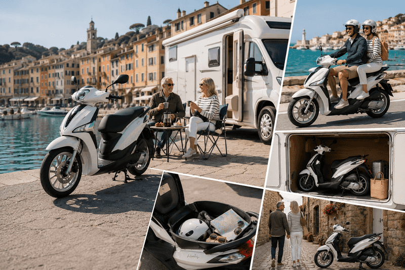 A collage featuring a white scooter in a picturesque coastal town. The main image shows a couple enjoying coffee beside the scooter and a camper van. Other images depict the couple riding the scooter, the scooter parked in a storage space, and its helmet and accessories stored in the scooter's compartment. The background features charming colorful buildings by the water.