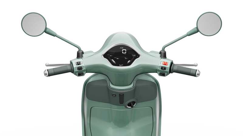 Aerial view of a scooter's handlebars featuring a digital dashboard, two mirrors, and control buttons, all presented against a white background.