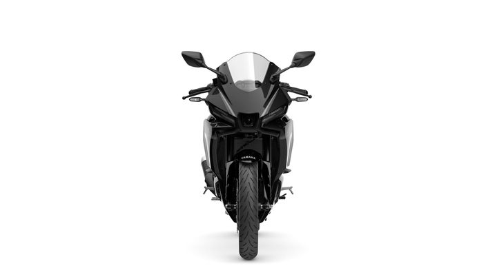 Front view of a sleek, modern motorcycle with a black and silver design, featuring dual side mirrors, LED headlights, and a prominent logo on the front.