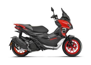 A red and black Aprilia scooter on a white background.