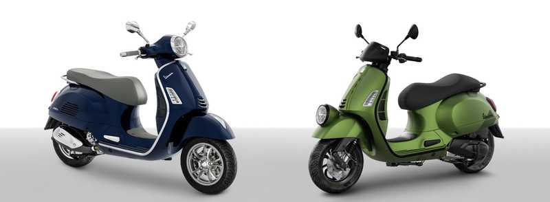 A side-by-side image of two scooters: one in dark blue with a light gray seat and chrome accents, and the other in bright green with a black seat and sleek body design, both featuring modern styling and round headlights.