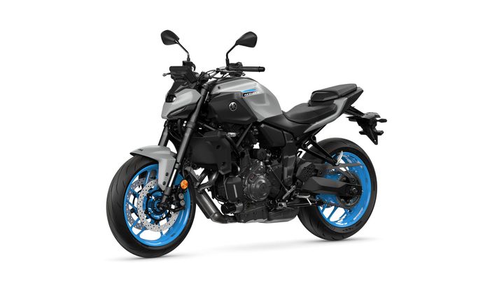 A sleek, modern motorcycle with a gray body and blue accents, featuring a sporty design and a prominent engine layout.