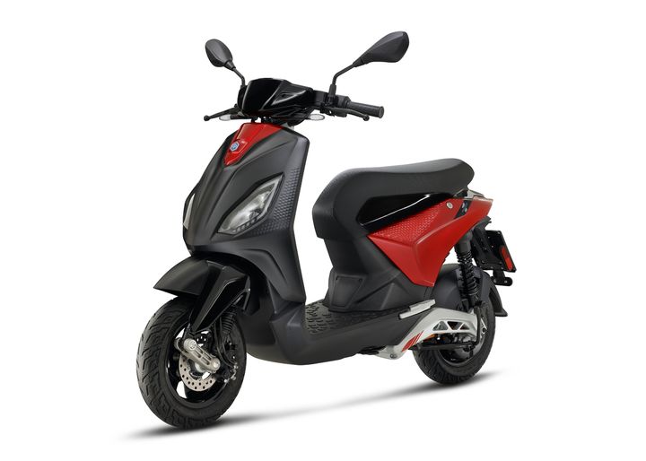 A modern scooter with a gray and red color scheme on a white background.