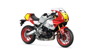 Yamaha 2024 XSR 900 GP A stylish motorcycle with a silver and red body, featuring yellow accents, a sporty design, and modern elements, positioned against a white background.
