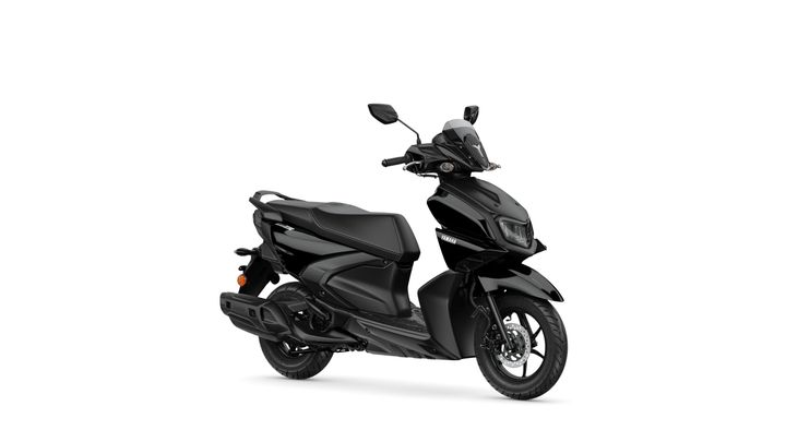 A sleek black scooter with modern design features, including a prominent headlight, rearview mirrors, and a comfortable seat, set against a white background.