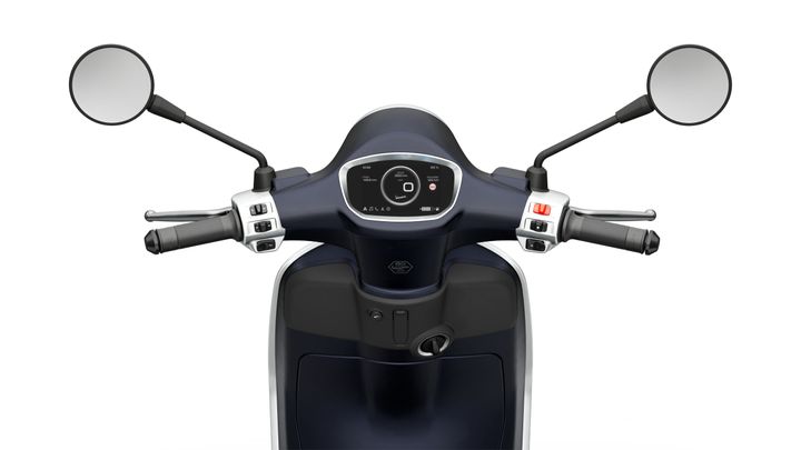 A top-down view of a scooter's handlebars featuring a digital display panel, two mirrors, and control grips for throttle and brakes, set against a white background.