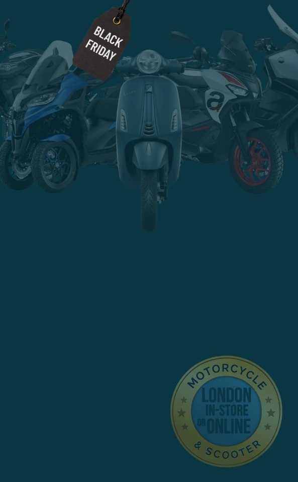 A collage of various motorcycles and scooters against a dark background, featuring a "Black Friday" sale tag and a circular logo that reads "Motorcycle & Scooter London In-Store or Online."