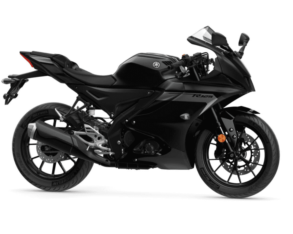 A sleek black Yamaha R125 motorcycle is displayed from the side, showcasing its aerodynamic design, sharp lines, and modern features.