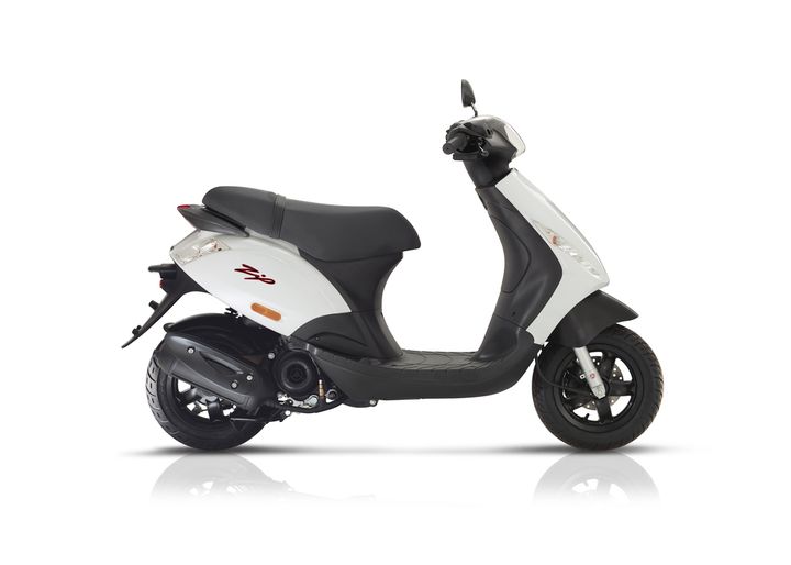 A white and black modern motor scooter with a sleek design, displayed in profile view on a white background.