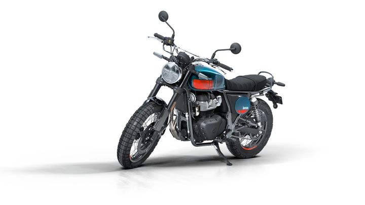 A modern motorcycle with a blue and orange tank and black seat, featuring off-road tires and a round headlamp, displayed on a plain white background.