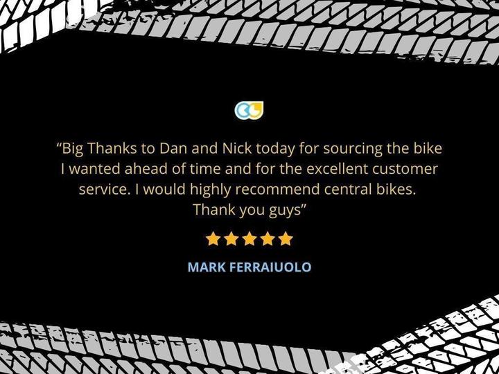 Customer review by Mark Ferraiuolo praising Central Bikes for excellent service and sourcing a bike ahead of time, highlighted with five stars.