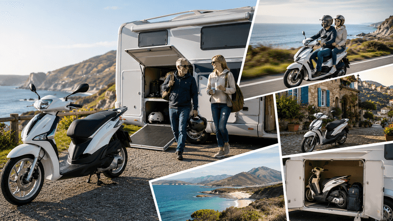 A collage featuring a scenic view of a white scooter parked near a motorhome, with a couple walking, holding helmets and coffee cups. Surrounding images show the couple riding the scooter along a coastal road, the scooter parked in picturesque locations, and the motorhome's storage with the scooter inside.