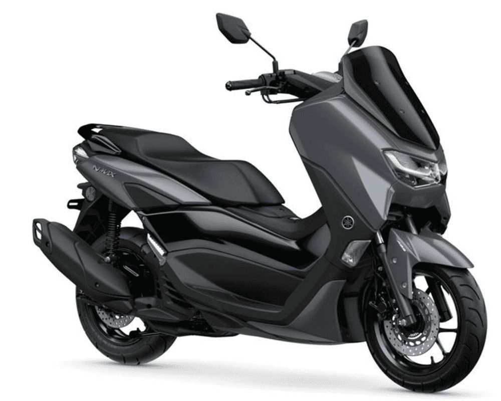 A sleek gray Yamaha NMAX scooter, featuring a stylish design, dual disc brakes, and a comfortable black seat, positioned at a slight angle to showcase its features.