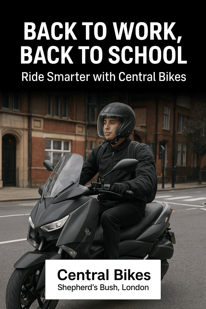 A person wearing a helmet rides a black scooter on an urban street, with buildings in the background. The text overlay promotes Central Bikes in Shepherd's Bush, London, encouraging smarter riding for the back-to-work and back-to-school season.