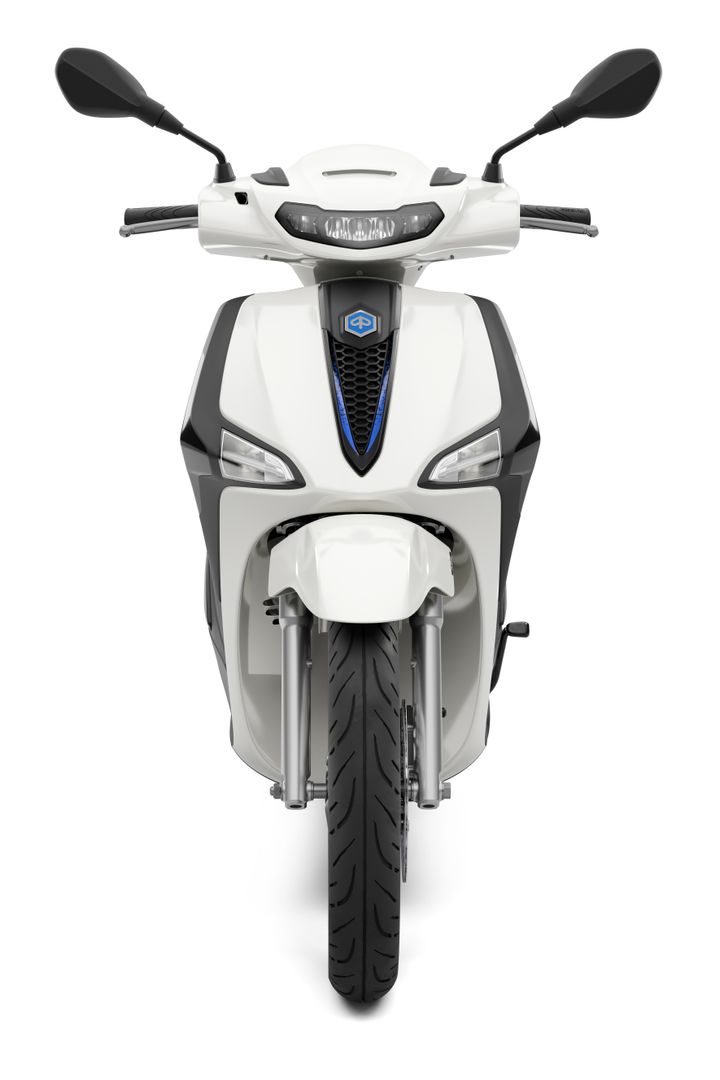 A front view of a modern white scooter featuring sleek lines, a prominent front headlight, and a distinctive blue accent. The handlebars are positioned to the sides, with a clear view of the front tire and suspension.