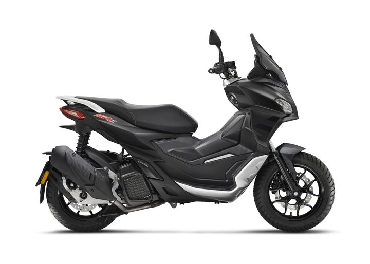 A modern black motor scooter presented in a right profile view on a white background.