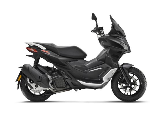 A modern black motor scooter presented in a right profile view on a white background.