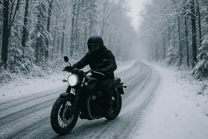 A motorcyclist dressed in black gear rides a motorcycle along a snow-covered road, surrounded by trees blanketed in snow, creating a winter landscape.