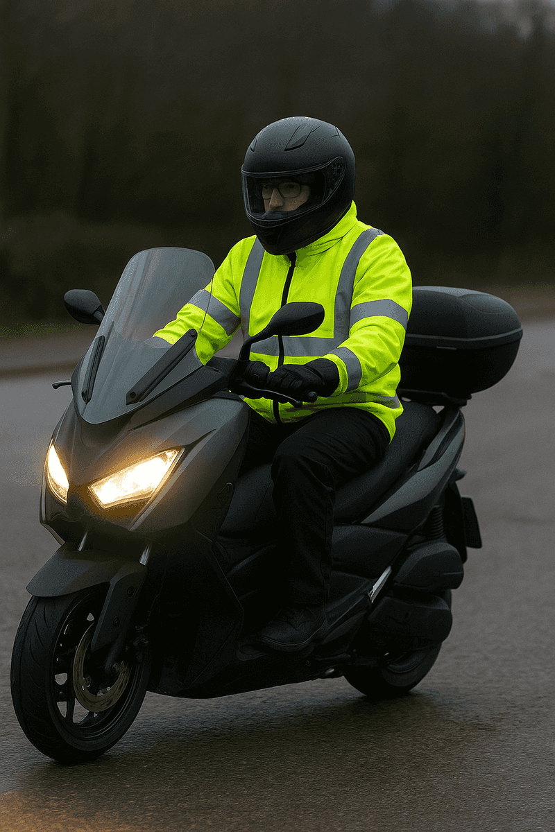 A motorcyclist wearing a bright yellow reflective jacket and black helmet rides a black scooter on a road, with the scooter's headlights illuminated.