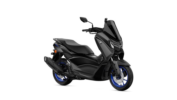 Yamaha 2025 NMAX 125 A sleek black scooter with blue accents, showcasing a modern design and sporty features, positioned at a slight angle on a white background.