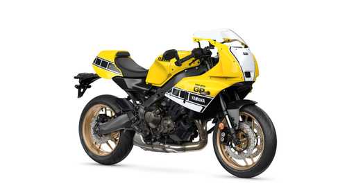 Yamaha 2026 XSR900 GP A yellow Yamaha motorcycle with a sporty design, featuring black and white accents, gold wheels, and a distinctive front fairing.