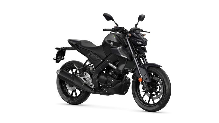 A sleek black motorcycle with angular design features, low seat, dual headlights, and sporty wheels, positioned to showcase its side profile.