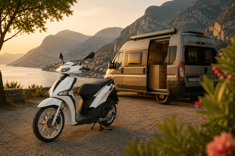 A white scooter parked beside a silver camper van on a gravel road, with a scenic lake and mountains in the background during sunset.