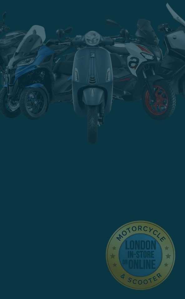 A lineup of various motorcycles and scooters displayed against a dark blue background, with a circular badge at the bottom stating "MOTORCYCLE & SCOOTER LONDON IN-STORE OR ONLINE."