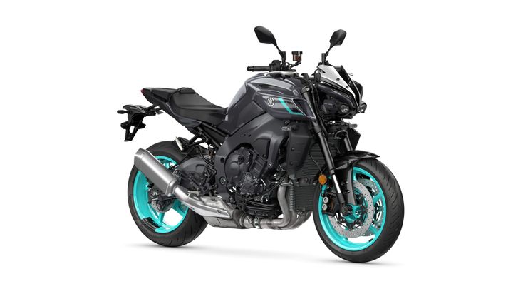Yamaha 2024 MT-10 A sleek black motorcycle with turquoise wheels and accents, featuring a prominent exhaust and streamlined body design.
