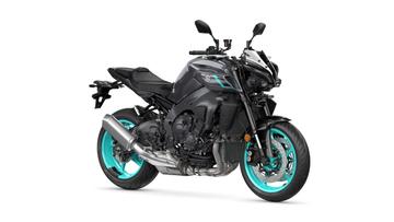 Yamaha 2024 MT-10 A sleek black motorcycle with turquoise wheels and accents, featuring a prominent exhaust and streamlined body design.