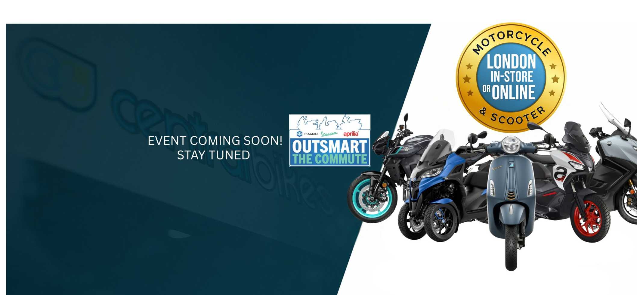 A promotional graphic featuring various scooters and motorcycles on the right side, with a blue and green background on the left. Text announces an upcoming event titled "OUTSMART THE COMMUTE," along with a note to "STAY TUNED." A badge on the top right highlights "MOTORCYCLE & SCOOTER" with "LONDON IN-STORE OR ONLINE."