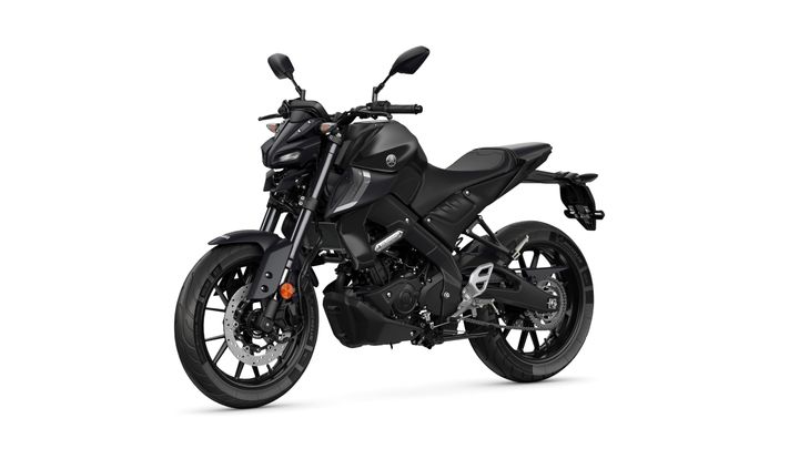 A sleek black motorcycle with a modern design, featuring a low-profile seat, sporty front fender, and intricate details on the bodywork.