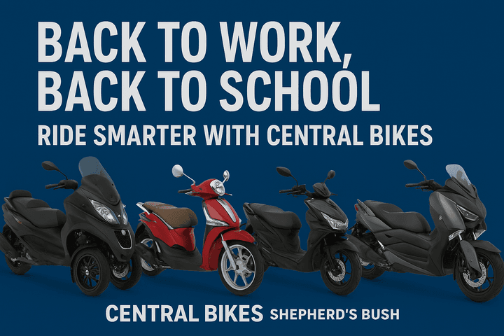 A promotional image featuring five different scooters and bikes against a blue background, with the text "Back to Work, Back to School. Ride Smarter with Central Bikes" and the location "Central Bikes Shepherd's Bush."