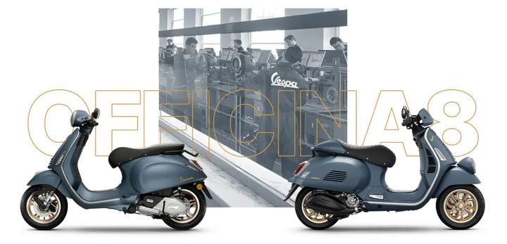 A side-by-side view of two modern Vespa scooters in soft blue with gold accents, positioned in front of a black-and-white image of a vintage Vespa factory scene. The word "OFFICINA8" is prominently displayed in bold, orange typography across the background.