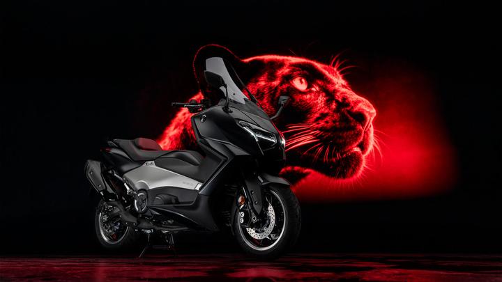 A sleek black and silver motorcycle is positioned against a dark background, featuring a striking red-lit silhouette of a panther's head.