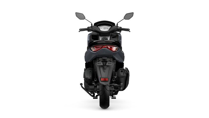 A rear view of a sleek gray scooter, featuring dual mirrors, a modern tail light design, and a single rear tire on a clean white background.