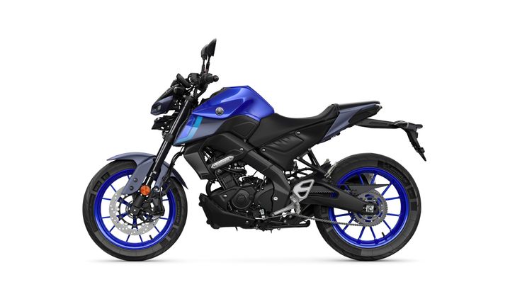 A blue and black motorcycle with a sporty design, featuring prominent blue wheels, visible suspension components, and a sleek body structure.