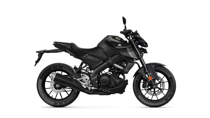 A sleek black motorcycle viewed from the side, showcasing its modern design, with a prominent front wheel, sporty frame, and detailed engine components.