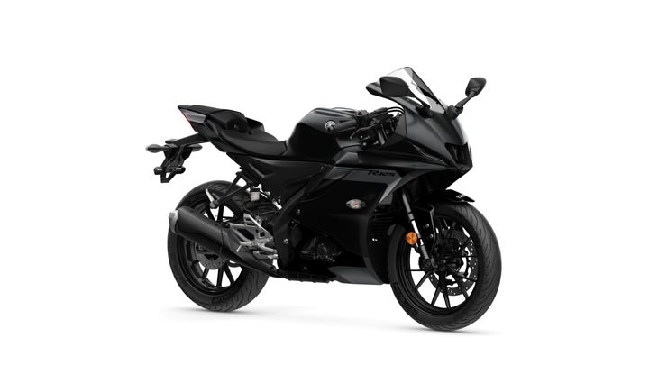 A sleek black Yamaha R125 motorcycle positioned at a slight angle against a white background.