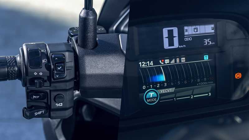 Close-up of a motorcycle's left handlebar controls, including buttons for indicators and mode selection, alongside a digital display showing the current speed (0 km/h), odometer (35 km), and various indicators.