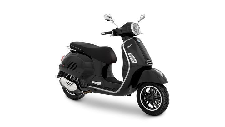 A sleek black scooter with a retro design, featuring a comfortable seat and modern handlebars.