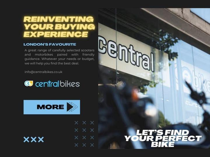 A storefront with the text "central" prominently displayed, showcasing a selection of scooters and motorbikes. The promotional text highlights a friendly buying experience and invites customers to discover their perfect bike.