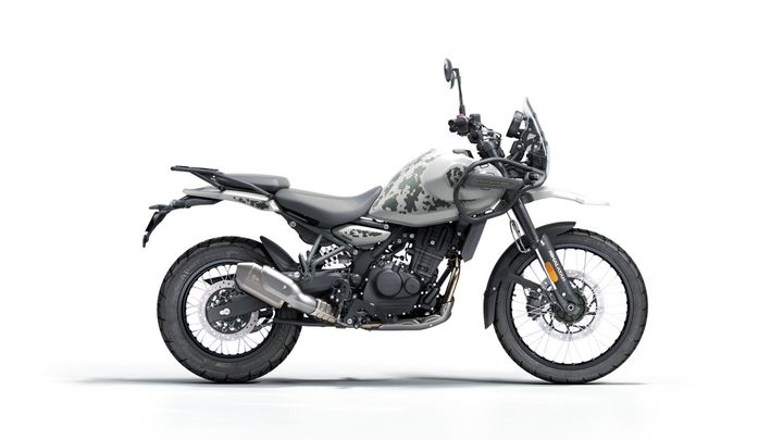 A modern motorcycle with a white and grey camouflaged fuel tank, black seat, and engine, with exposed frame and dual-sport tires, isolated on a white background.