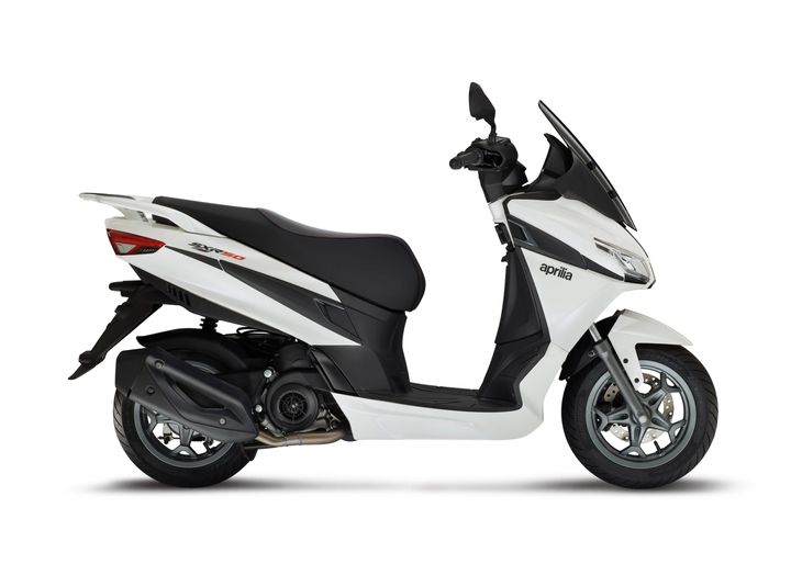 A white Aprilia scooter with black and gray accents, positioned to the right, against a white background.