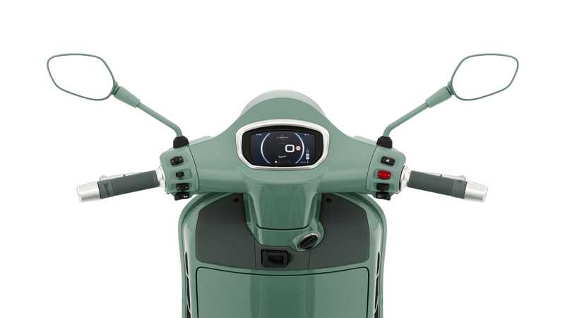 Image of a scooter's handlebars, featuring a rounded display screen, control buttons, and mirrors, all in a mint green color scheme.