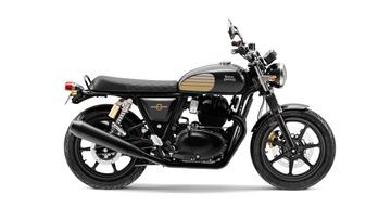 A Royal Enfield Interceptor motorcycle in black and gold colors, displayed side-on against a white background.