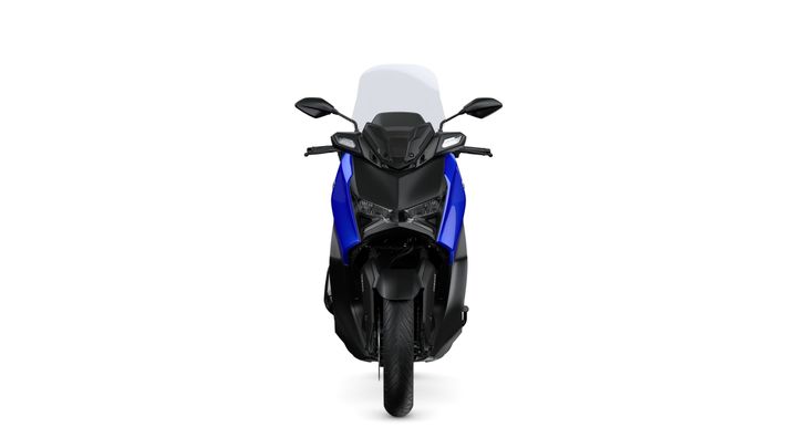 A blue and black modern scooter facing front, featuring a prominent windshield and sleek design elements, with a single front tire visible.