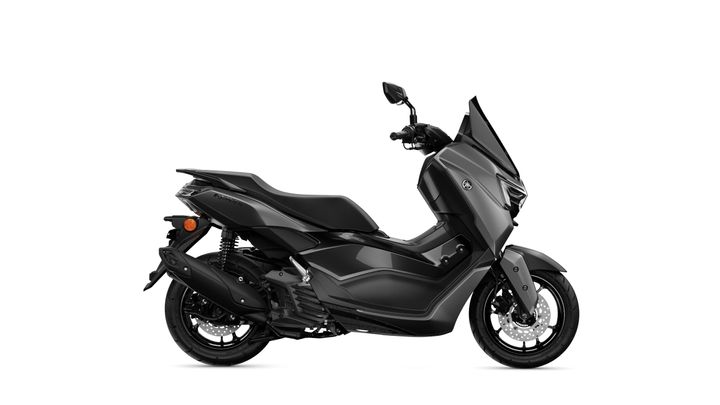 A sleek, modern black scooter is shown from the side, featuring a streamlined body, comfortable seat, and sporty design elements, including a windshield and front disc brake.