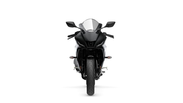 Front view of a sleek, modern black and silver sports motorcycle with pronounced headlights and aerodynamic design elements, set against a white background.